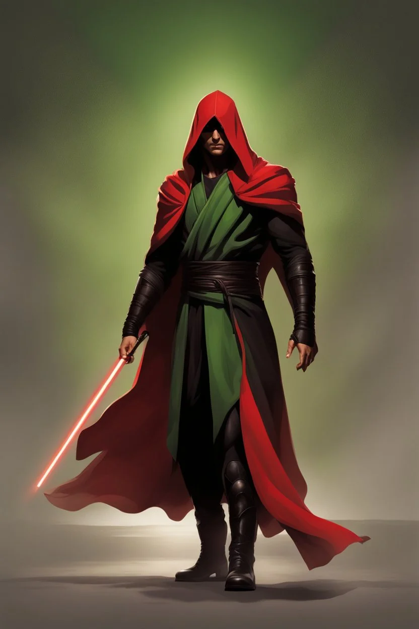 Full Muscluar Body, Male Tan Human, Sith, Red Blindfold, Green and Black Robes, Handsome face, Black hair.