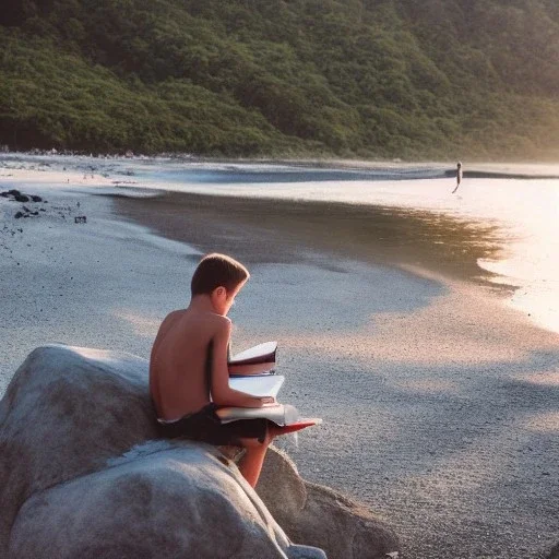 A boy reading a book at beach just before sunset sitting on a rock inside dark fantasy movie based theme