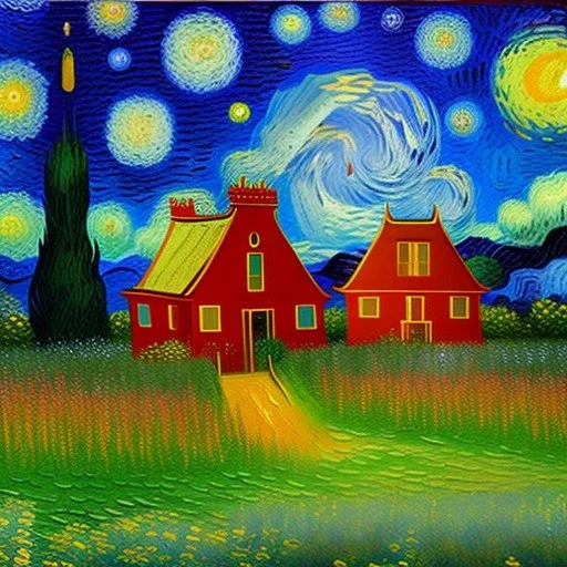 Dibujo al oleo de una pradera con una casa y un perro con muchas nubes de colores estilo Vincent van Gogh