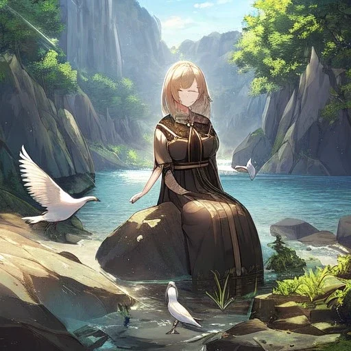 anime girl is praying with her eyes closed, meditating, rock trees, birds, creek