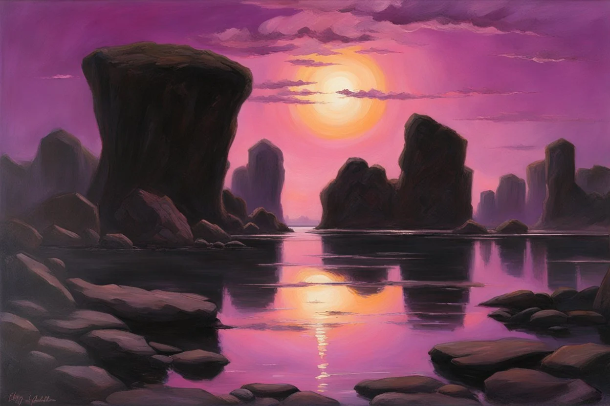 purple sky, rocks, sci-fi, lake, friedrich eckenfelder and henry luyten impressionism paintings