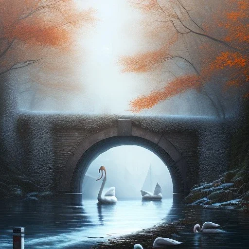 fantasy art, book cover, portrait of big swan under a bridge , old mill wheel ,icy autumn water, icy frame