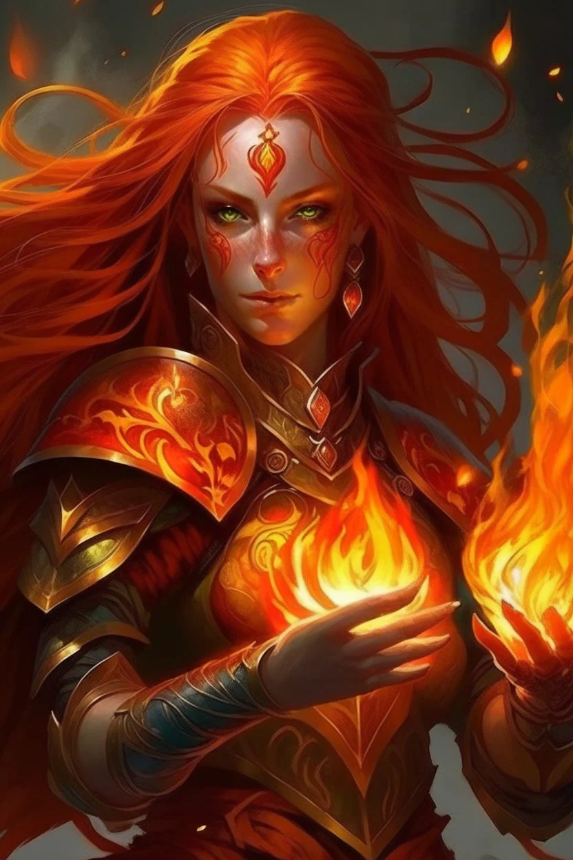 Capture the commanding presence of a female Paladin Druid, seemingly sculpted from flames. Her eyes, ablaze like fire, exude a potent magic as she conjures flames with her hands. Long, fiery hair, half braided and cascading, appears to be imbued with the very essence of fire, complementing the light magical armor she wears. A prominent scar on her face adds character, telling of battles faced and overcome, all against the canvas of her tanned skin, symbolizing strength and elemental mastery.