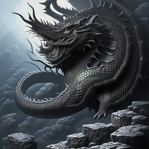 mdjrny-v4 style, highly detailed illustration of a black obsidian dragon, spread wings, black obsidian dragon feet on lava rock, dark sky background, realistic, intricate details, d&d, by artist "Even Mehl Amundsen", by artist "Steve Argyle", full body