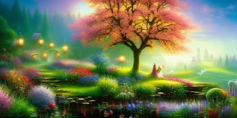 bright fairy, beautiful portrait, flowery landscape