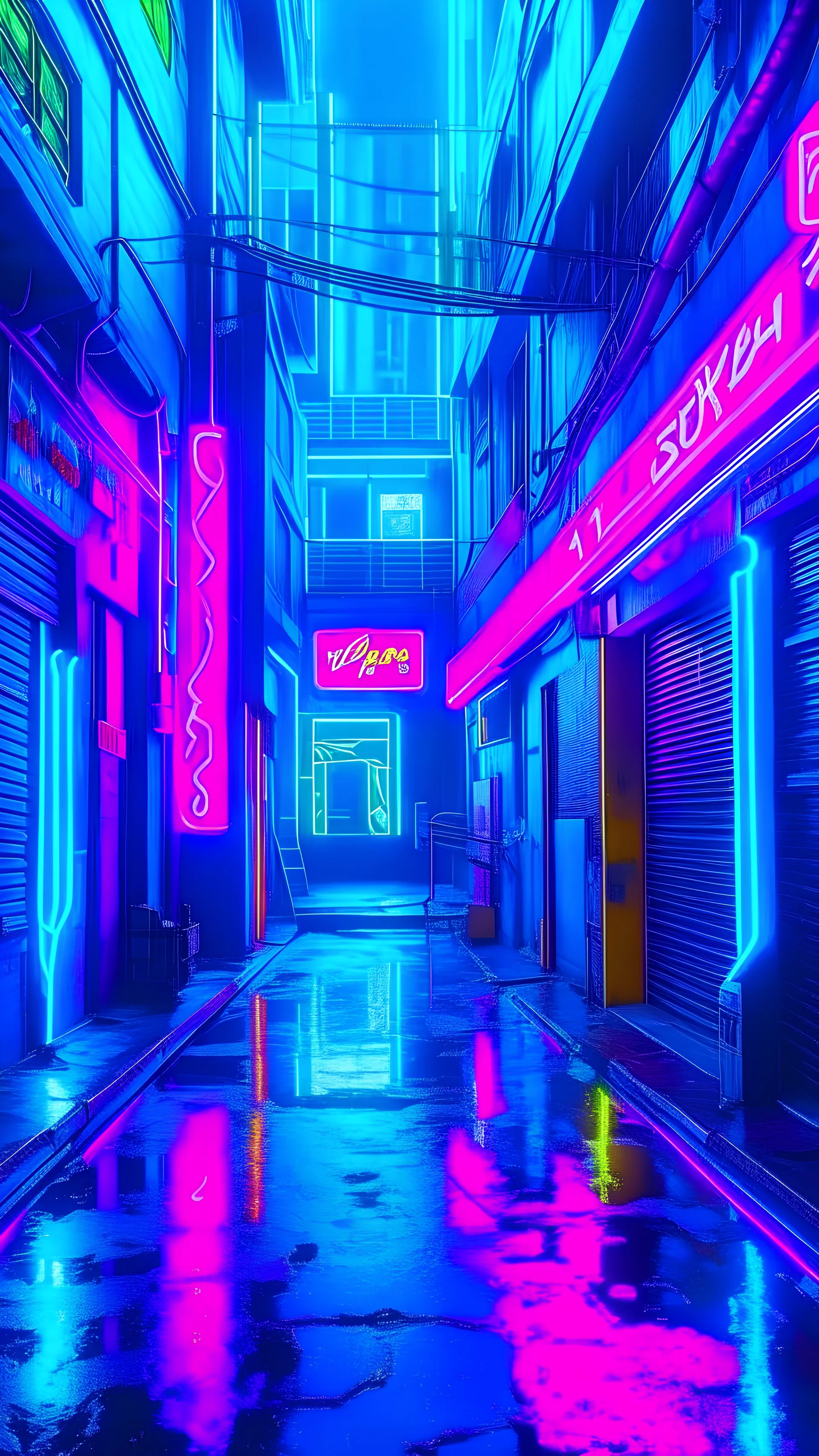 A neon-drenched alley with a cyberpunk ambiance, illuminated by purple and blue lights reflecting off the wet pavement under the sign "Hotel Royal." The scene evokes a gritty yet vibrant urban underworld vibe. 4K Ultra HD