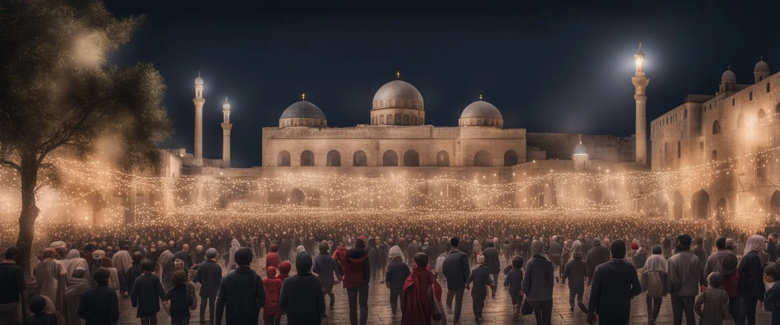 Hyper Realistic lots of people & children celebrating in the streets of Palestine with Al-Aqsa mosque from far at night with garland lights & decorations