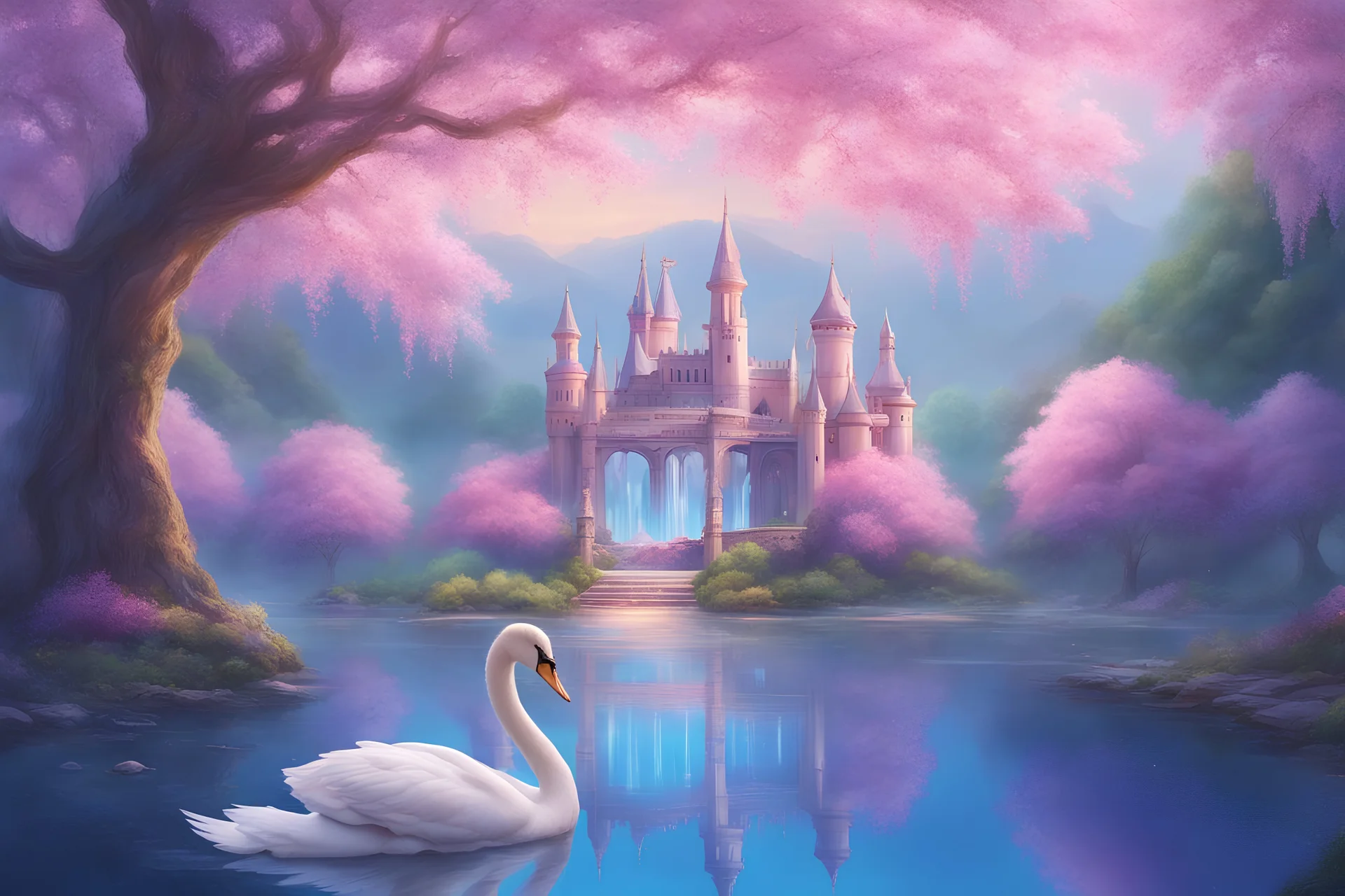 a pink tree in the style of A Silent Voice with futuristic crystal castle in the countryside, starship, green plants, flowers, wisteria, big trees blue sky, pink, blue, yellow soft lights, waterfall with beautiful fairies with long hair and transparent wings, couple of swans swimming in the lake