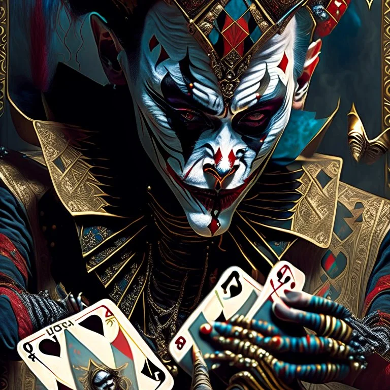 harlequin character, playing cards with other people , sf, intricate artwork masterpiece, ominous, matte painting movie poster, golden ratio, trending on cgsociety, intricate, epic, trending on artstation, by artgerm, h. r. giger and beksinski, highly detailed, vibrant, production cinematic character render, ultra high quality model Modifiers: highly detailed fantasy 8k portrait beautiful dynamic lighting hyperrealistic ultra detailed Unreal Engine colourful hdr cinematic postprocessing acrylic