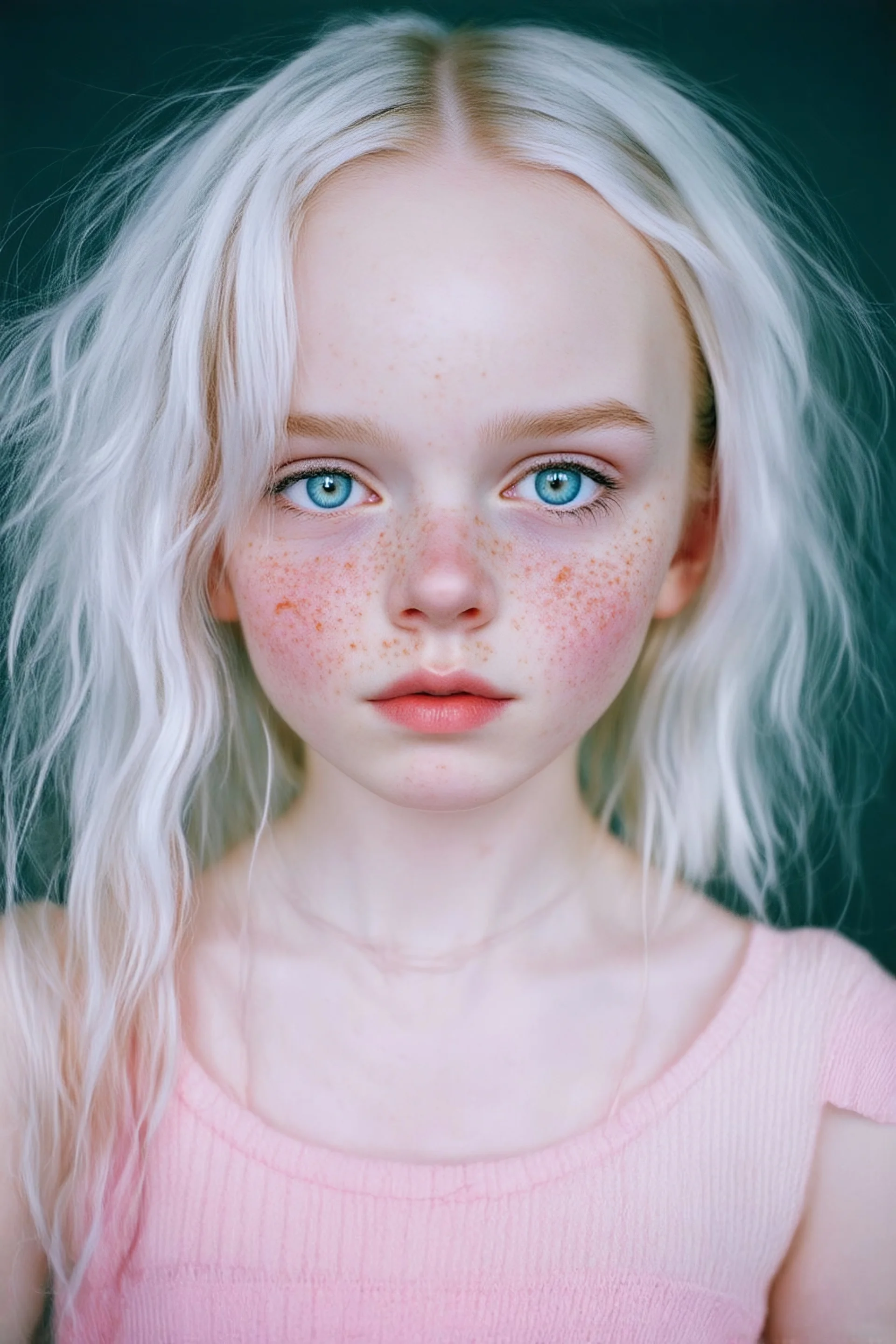 Young elle fanning, with white cotton candy hair , rosy cheeks, big blue eyes shinning, freckles, listening to music, autochrome,