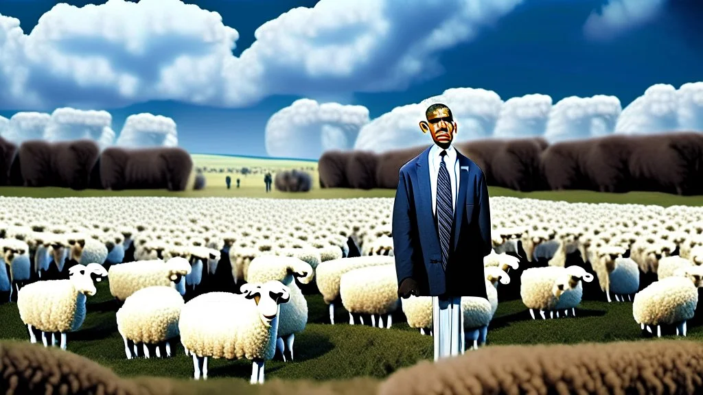 barack obama at podium speaking to large field of sheep