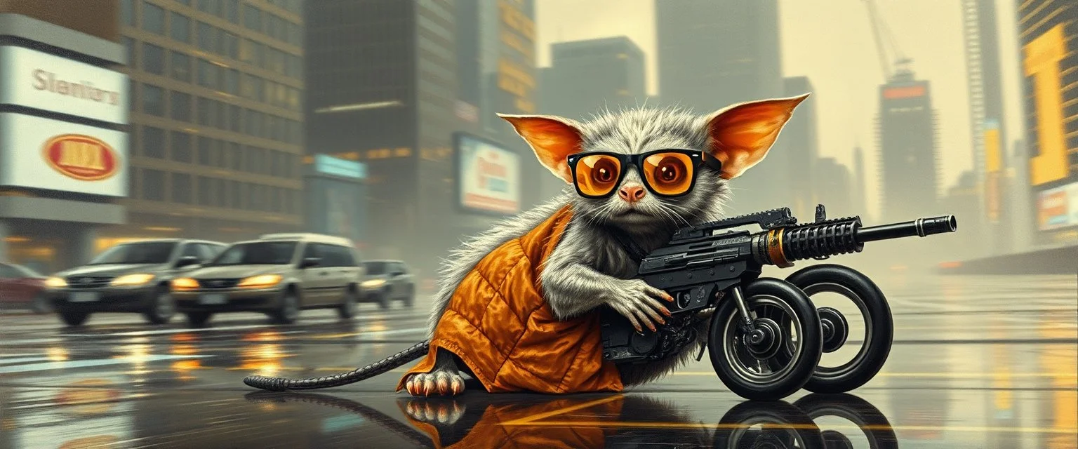 master oil painting by Rembrandt, the tilted quilter,glasses and ticks, cyberpunk imagery synchronized stylized fluffy gremlin with wolf rat aura laying low holding a few guns barely hanging on, drumming kit flat power trike flickering stable core, wet reflective salt flat city, fast motion blur background, translucent tube cars, technocracy mega tv