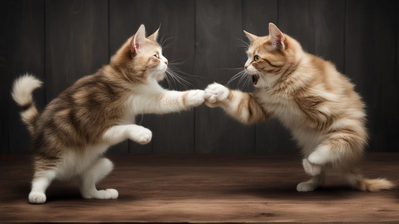 Two Funny cats on the dark wood table fighting