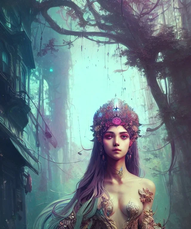 Insanely detailed photography of head and shoulder or a young beautiful goddess , intricate and hyper detailed painting by Ismail Inceoglu Anna Dittmann and Alexandr Fedosov CGSociety ZBrush Central fantasy art album cover art 4K 64 megapixels 8K resolution HDR. Background Tokio City.