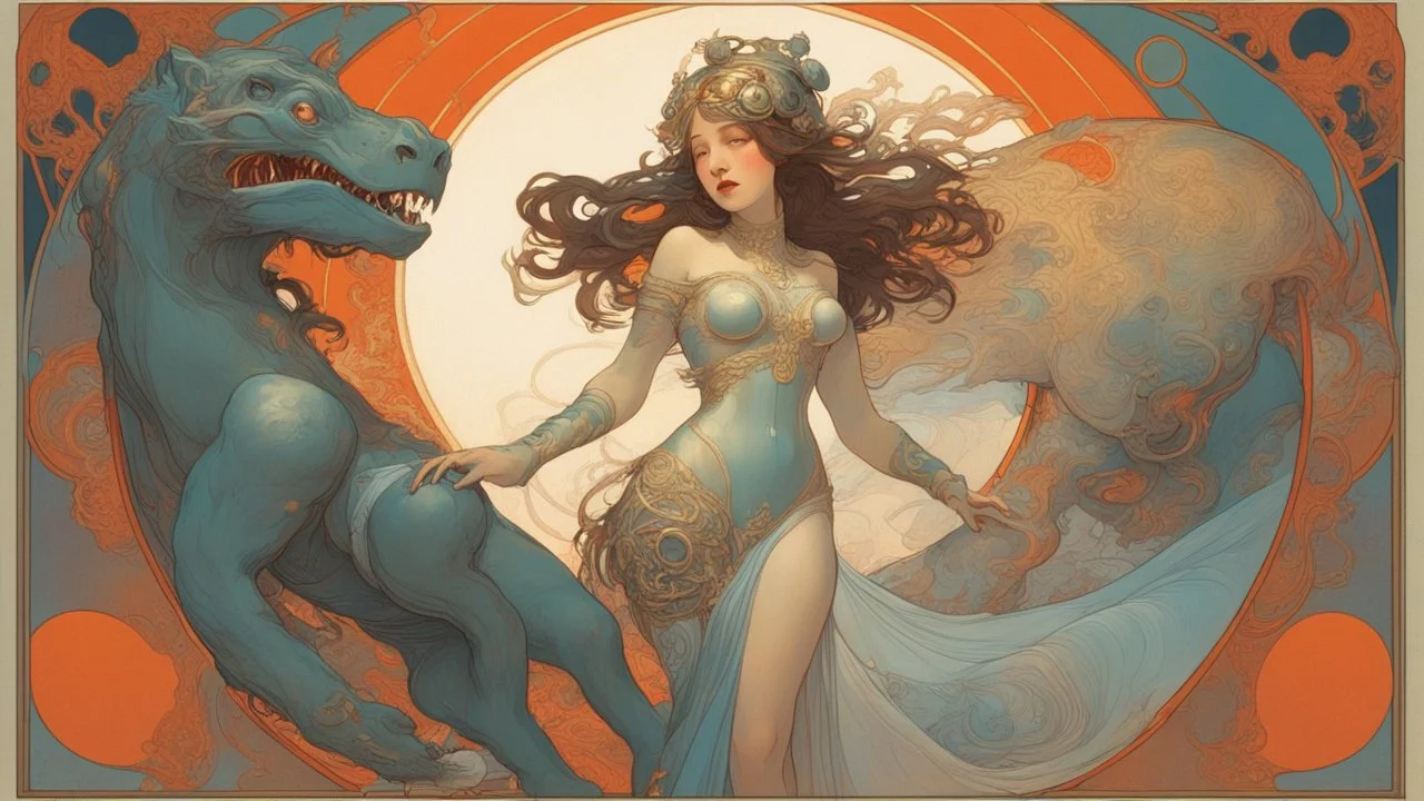 [alphonse mucha, surrealist and pop art illustration] In a mystical realm the boundaries between reality and dreams blurred, a Asian woman stood boldly in agent provocateur facing a monstrous creature with mechanical elements. The creature loomed menacingly, its metallic parts gleaming in the ethereal light that bathed the scene.Divided by a vibrant color split, one side of the tableau was ablaze in fiery red and orange hues, while the other side shimmered in cool greens and blues. The detailed