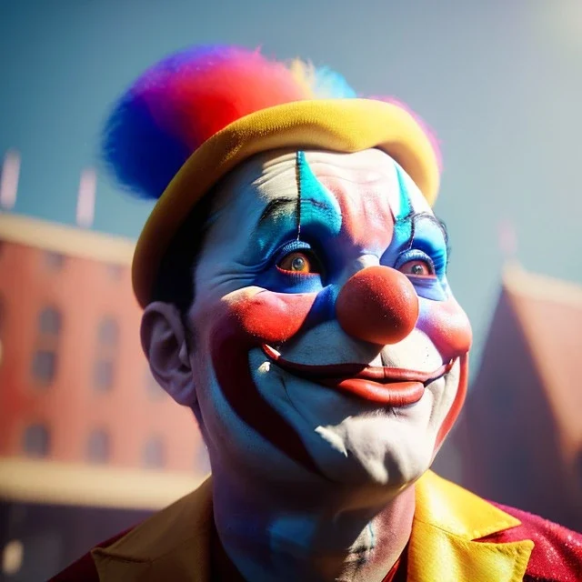 Ultra realistic circus scene. clown sweet man, waist up view, Wes Anderson style, happy, highly detailed, concept art, unreal engine 5, god rays, ray tracing, RTX, lumen lighting, ultra detail, volumetric lighting, 3d, finely drawn, high definition, high resolution.