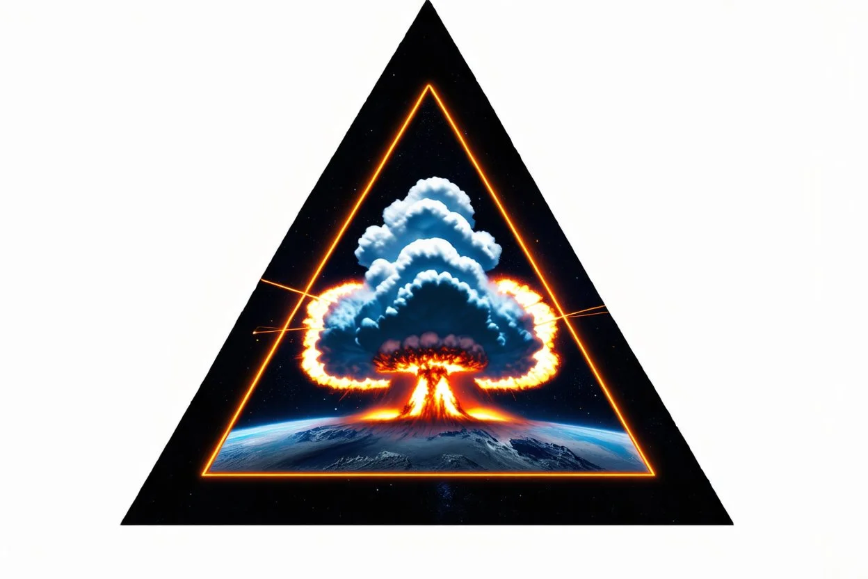 a nuclear explosion cloud, behind an orange glowing omega like shape, all inside an equilateral triangle opening, that is like a doorway to a different world, radiant lines, sci-fi fantastic