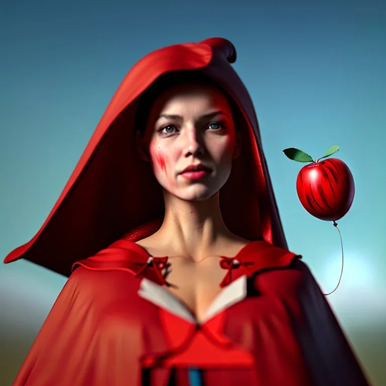 Red Riding Hood looks up to the sky while eating an apple on a balloon.