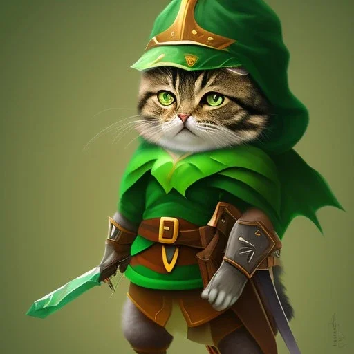 warrior cat character, wearing green clothes and green hat, similar to Link from Legend Of Zelda, standing on the edge of a steep cliff, heroic, atmospheric