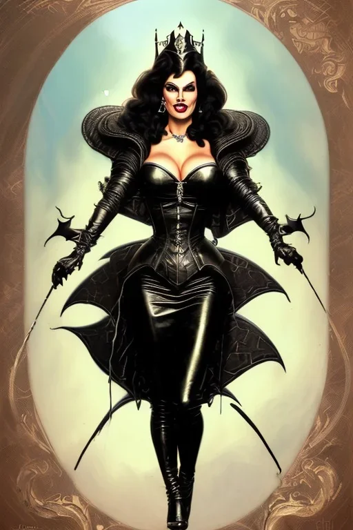 painting of lisa ann as evil queen in black leather, feminie, angry, stern look on her face, volouptous, busty, cleavage, emperious, mature, highly detailed, digital painting, artstation, concept art, smooth, sharp focus, illustration, art by gaston bussiere and alphonse mucha