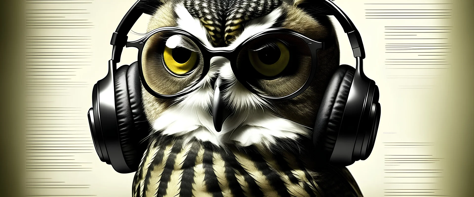 Generate a 1920×768 picture of an owl with sheet music cover for a musician and headphones and add black glasses and title SoVVVix