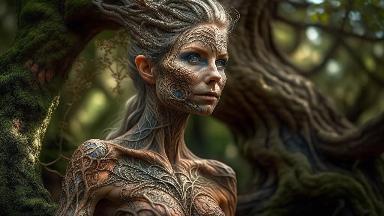 "stunning beautiful lady who camouflages herself with her skin like a chameleon in a fairy tree intricate details, HDR, beautifully shot, hyperrealistic, sharp focus, 64 megapixels, perfect composition, high contrast, cinematic, atmospheric, moody", highly detailed digital painting artstation concept art sharp focus smooth elegant illustration intricate 8k ray tracing and h.r. giger