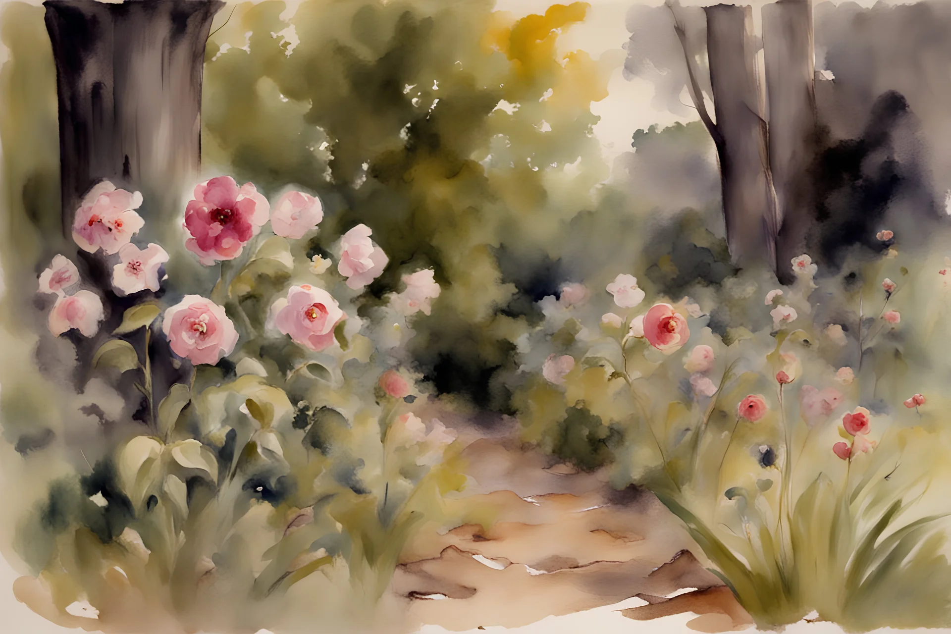 Cloudy day, flowers, rocks, forest, gothic horror influence, disturbing, people, mistery, john singer sargent watercolor paintings