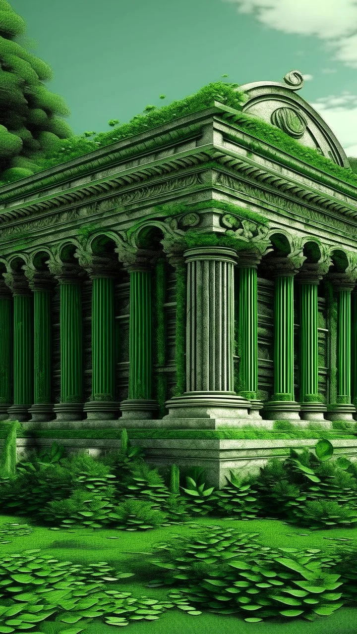 very detailed all Green Ancient Greek temple surrounded by leaves and ivy, medieval, gothic style,