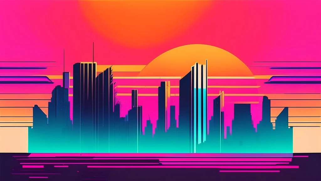 minimal design,shapes, synth-wave, synth-wave one sun, synth-wave city, simple,iconic:1.8), synth-wave color in city, comic style