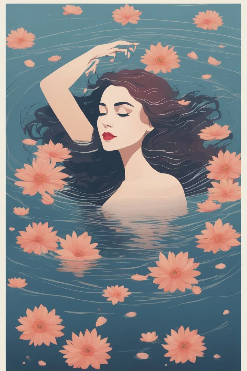 woman floating in water, flowers floating in water, freedom, Sense of liberation