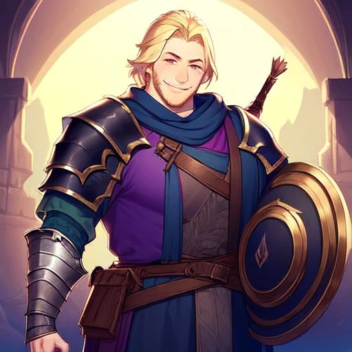 A nord male battlemage from Skyrim, full plate nordic armor, blond hair of medium length, hearty, smiling, thick short beard, purple shock spell in right arm, correct proportions