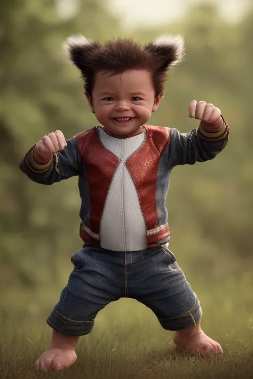 Wolverine toddler, full body, smile, bokeh, hyper realistic