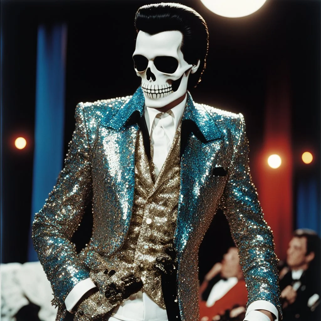 [high res colour photo by helmut newton] this skeleton wears the incredible sequined jacket that Elvis wore during a concert in Detroit