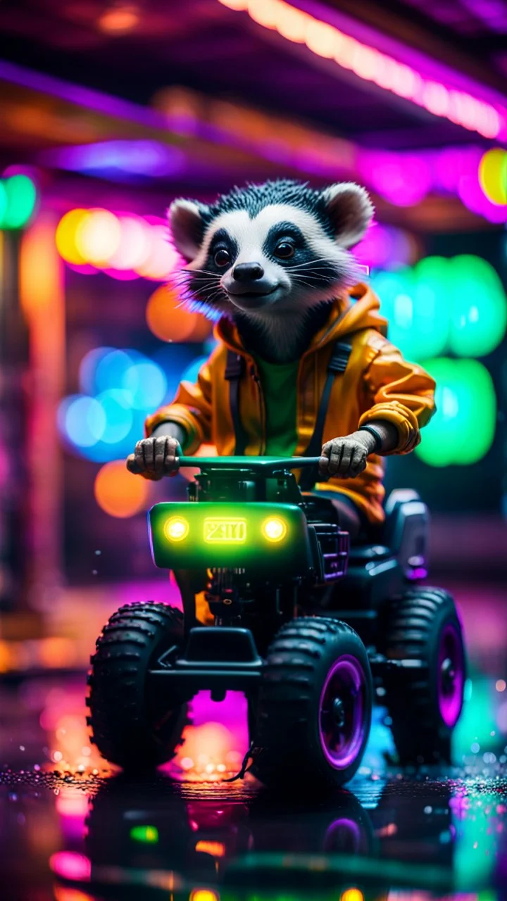 portrait of badger Gremlin myth buster pimp ninja yoga cyber punk in flying hipster lawn tractor parked in dark neon lit reflective wet arcade hall tunnel,bokeh like f/0.8, tilt-shift lens 8k, high detail, smooth render, down-light, unreal engine, prize winning