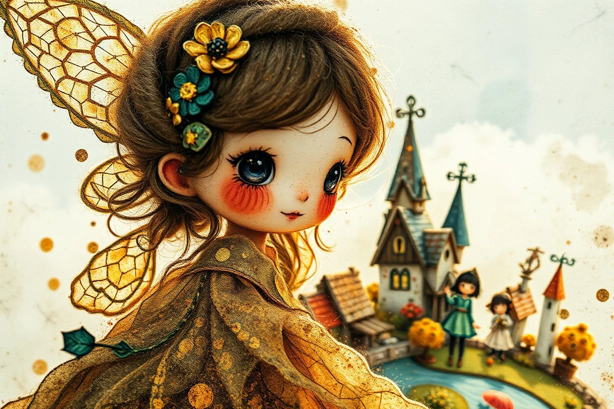 closeup, double exposure, merged layers, golden patina, corrosion, topographic lines, needle felt mohair cute chibi fairy princess, fairy village, watercolor and charcoal S<AI in sunshine