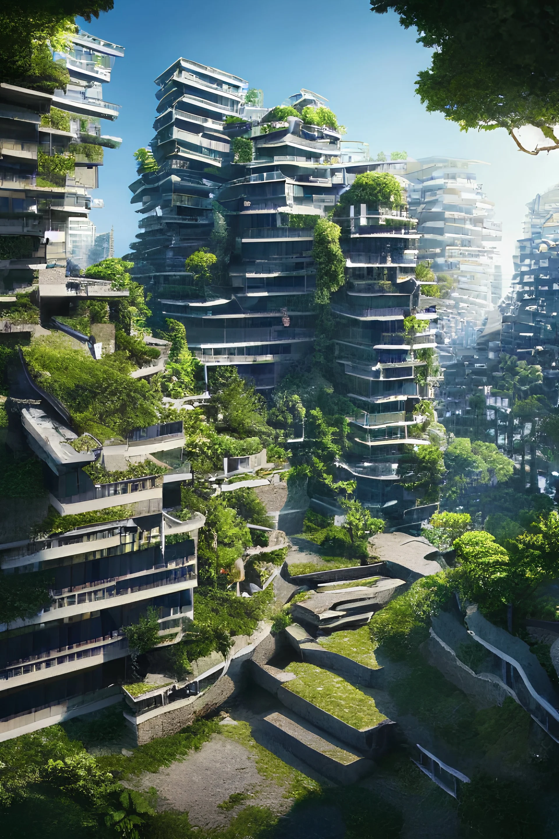 photo of an awesome sunny day environment concept art on a cliff,, architecture by kengo kuma with village, residential area, mixed development, highrise made up staircases, balconies, full of clear glass facades, cgsociety, fantastic realism, artstation hq, cinematic, volumetric lighting