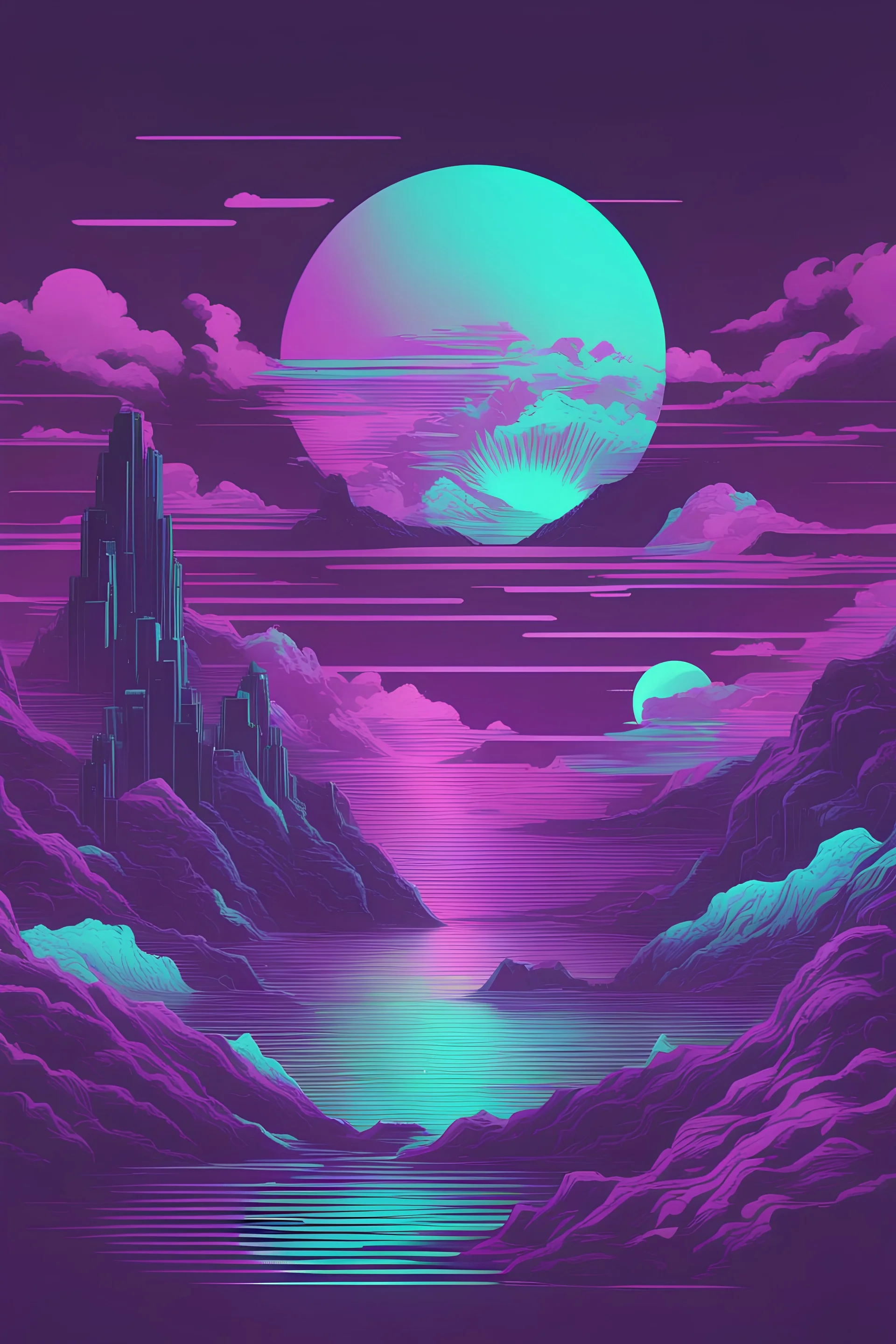 A Vaporwave that uses dark purple and aquamarine colors