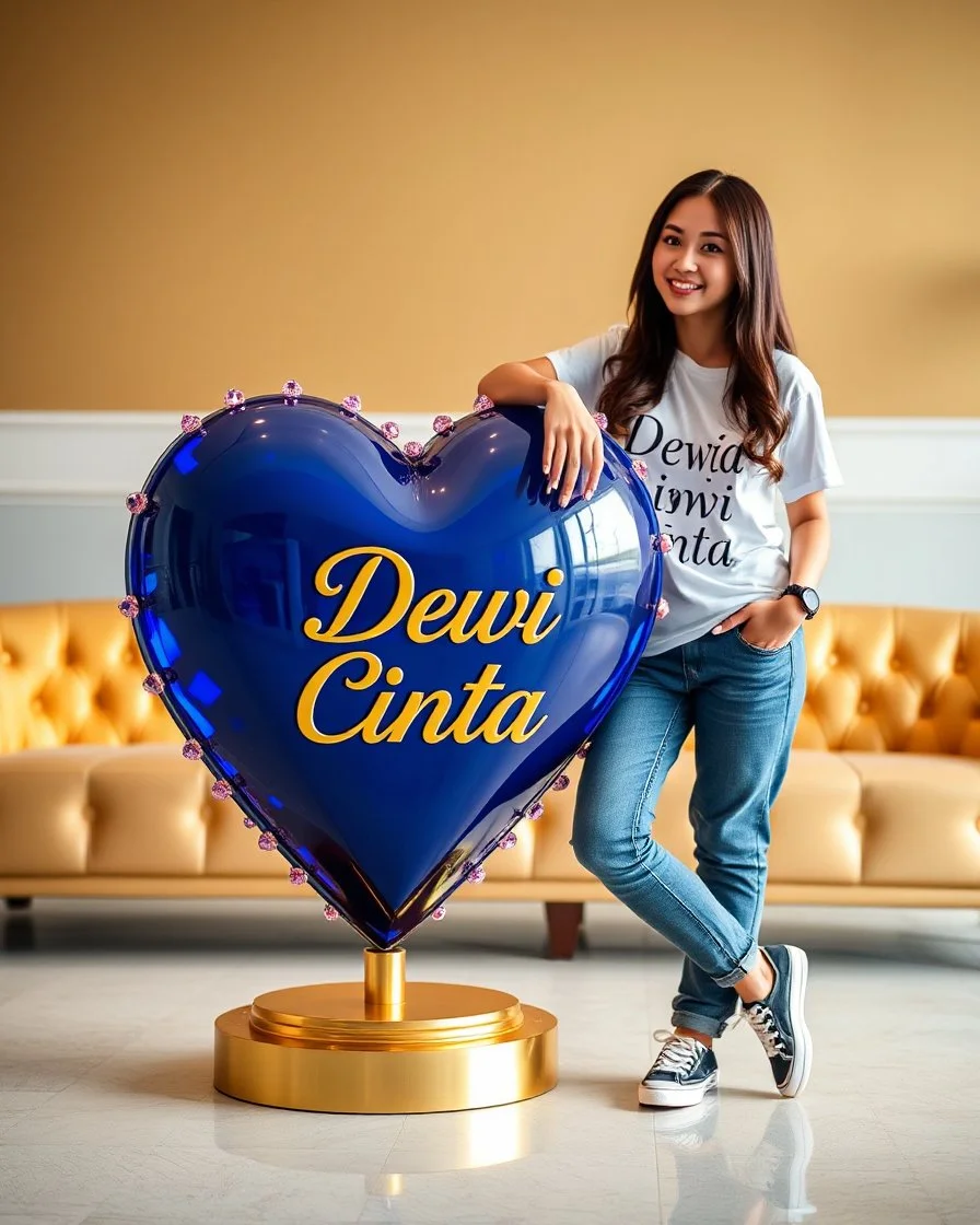 Create a luxurious sapphire blue heart, shiny and bright, edged with pink gems, on a gold base. The heart should prominently display the text 'Dewi Cinta ' in bold gold letters. To the right of the heart, include a beautiful young lady in casual clothes leaning on the heart, wearing a t-shirt with details the text 'Dewi Cinta '. Against a long gold sofa,