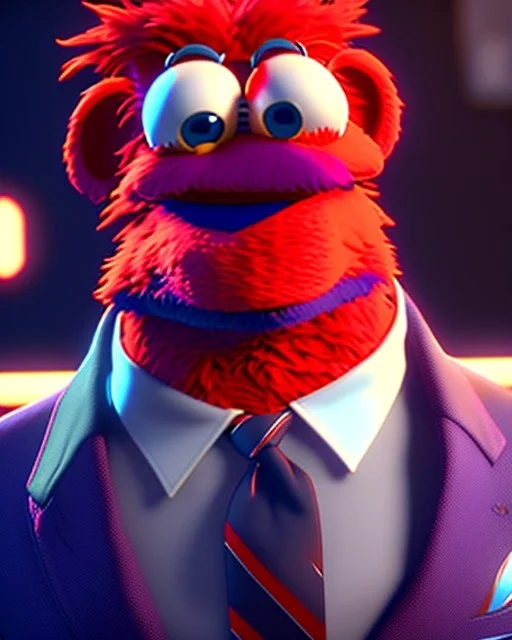 hybrid character, Elmo muppet head, real man body, human arms and hands, Shirt and tie, concept art, smooth, unreal engine 5, god lights, ray tracing, RTX, lumen lighting, ultra detail, volumetric lighting, 3d, finely drawn, high definition, 4k.