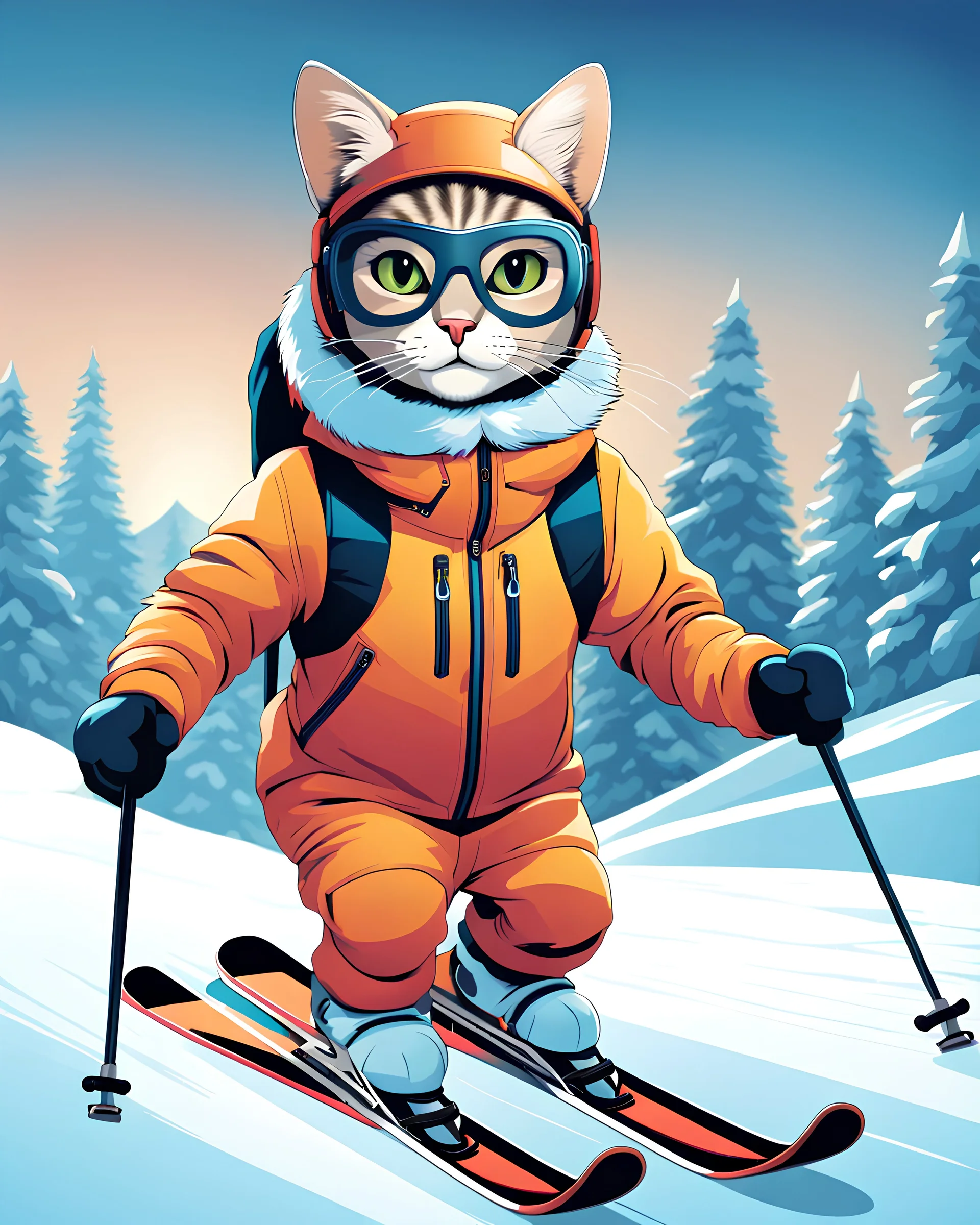 Hermosa ilustración coloreada arte lineal de un gato antropomorfico con traje de esquiador, esquiando en la nieve, calidad ultra, hiperdetallado,12k