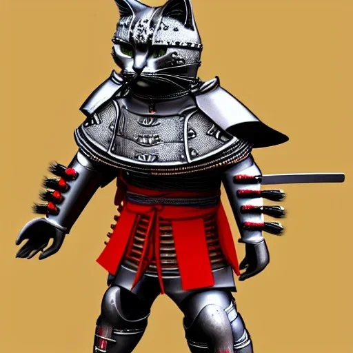 Chat, Modélisme trois dimensions, anthropomorphique, habillé comme un samurai, armure rouge et argent très détaillée, réalisme