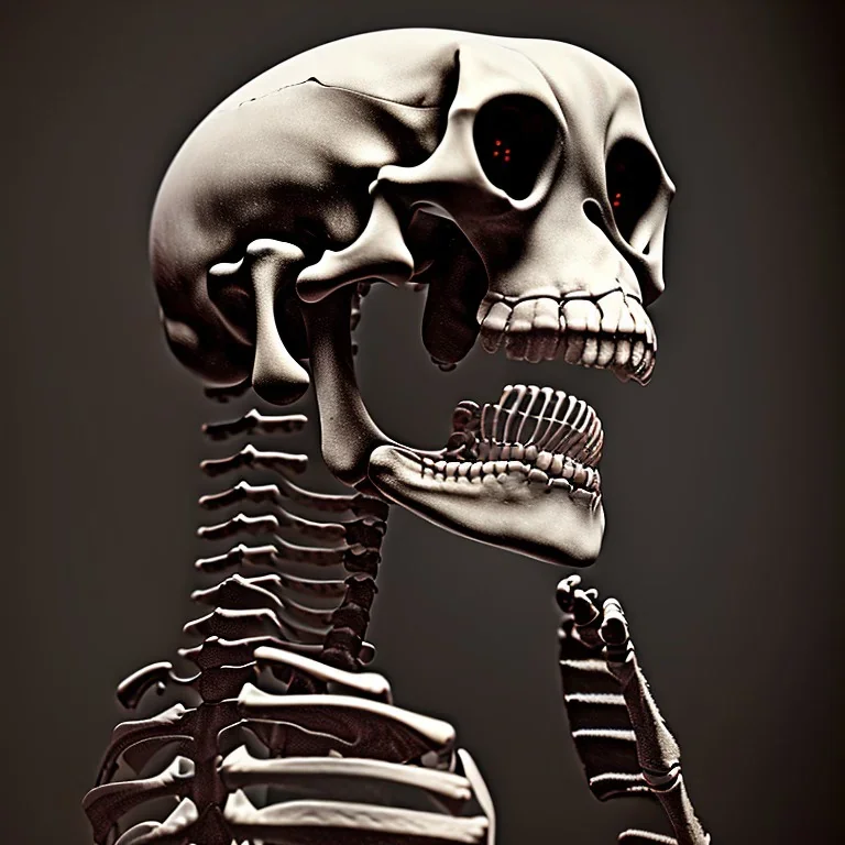 Smiling skeleton, photographer in studio. Big camera in hands. Photographic equipment, cameras, softboxes are in background. High detailed. Photorealistic. Scarry mood. volumetric lighting
