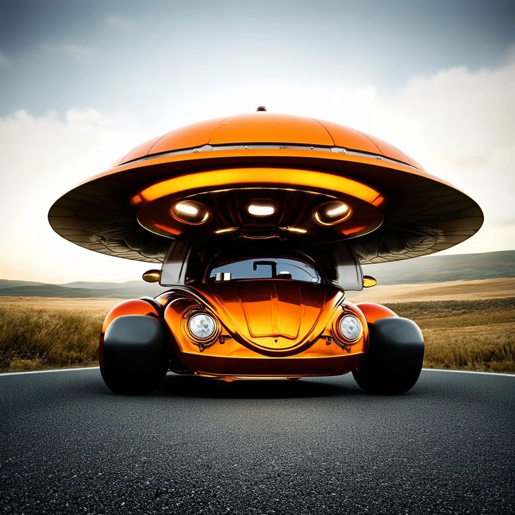 award winning photograph of a steampunk house-fly ufo vwbeetlegenetic-splice designed by only one vehicle per image painted metallic orange traveling at a high rate of speed, jet intake off of front center of vehicle and jet exhaust out the rear bilaterally symetrical, more a high speed road vehicle