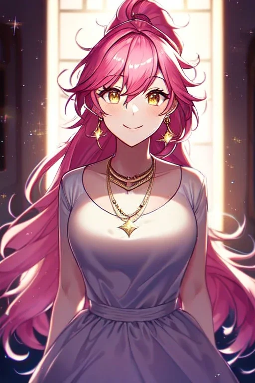 girl, masterpiece, best quality, cinematic lighting, detailed outfit, vibrant colors, perfect eyes, pink hair, long hair, golden eyes, ponytail, messy hair, dress, sparkle, necklace, earrings, hair between eyes, looking up, smiling, indoors, light rays,