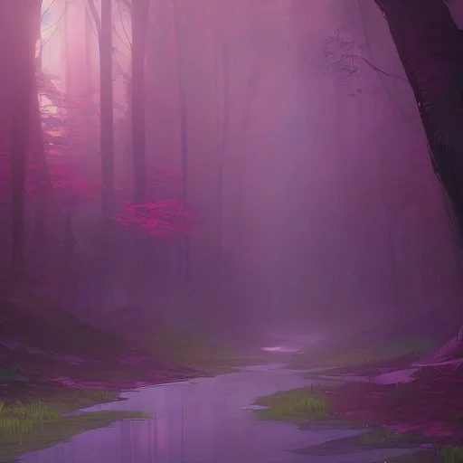 Generate a dreamy forest scene with ancient, moss-covered trees and soft, dappled sunlight filtering through the leaves. Include a hidden waterfall cascading into a crystal-clear pool."nightlife."clouds."overhead."and pink."