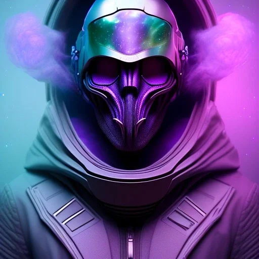 portrait of purple masked villain in galaxy, futuristic, teal and purple smoke, full portrait, hyper realistic, 4k, detailed