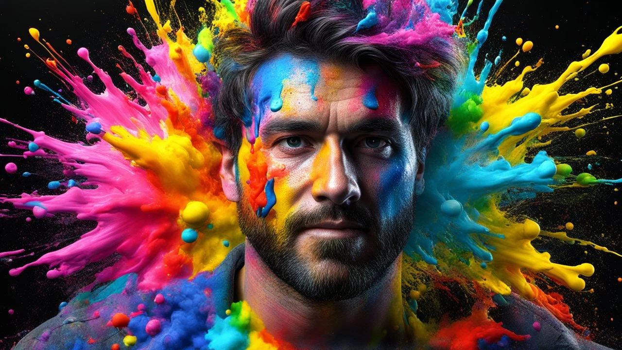 portrait of a man, Colorful paint explosion 3D, 4K, HDR, resolution, black background