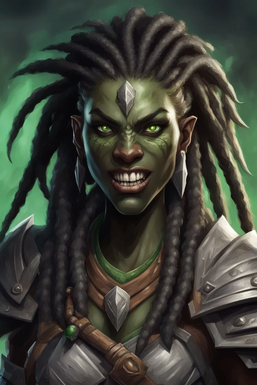 dungeons and dragons character portrait of a beast human female warrior with black skin and dreadlocks and thick eyebrows and big nose and big fangs and green eyes. Make her fangs visible.