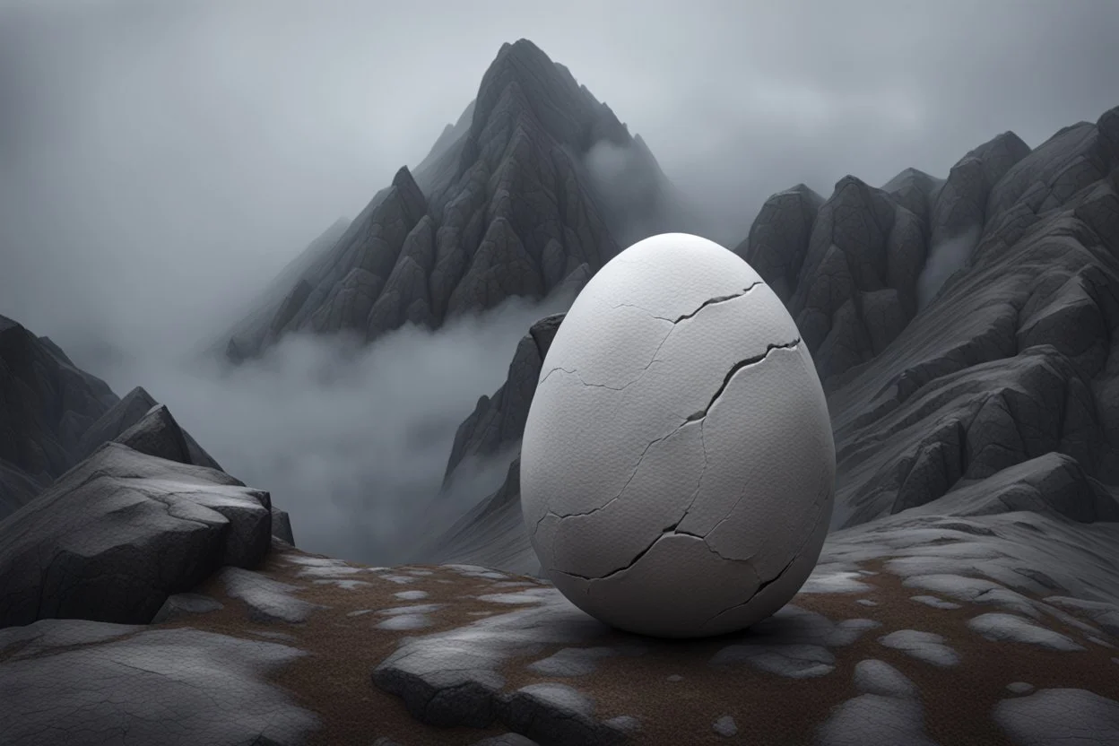 a giant egg with the texture of stone is cracked on top of the misty mountain peak. cinematic lighting, artstation, grim mood, looking up camera angle