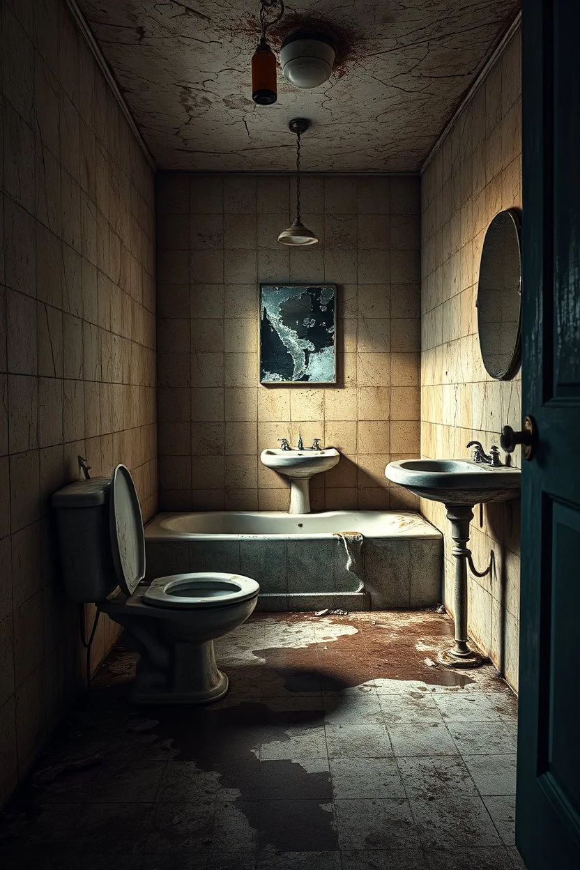 "A very old paints cracked dirty abandoned bathroom with dirty a man setting on a toilet seat aside, and tub and dirty water on the floor, with broken mirror on the wall above a sink insanely detailed octane render trending on artstation, 8k artistic photography, photorealistic concept art, soft natural volumetric cinematic perfect light, chiaroscuro, award-winning photograph, masterpiece, oil on canvas, Raphael, Caravaggio, Greg Rutkowski, people, beksinski, Giger